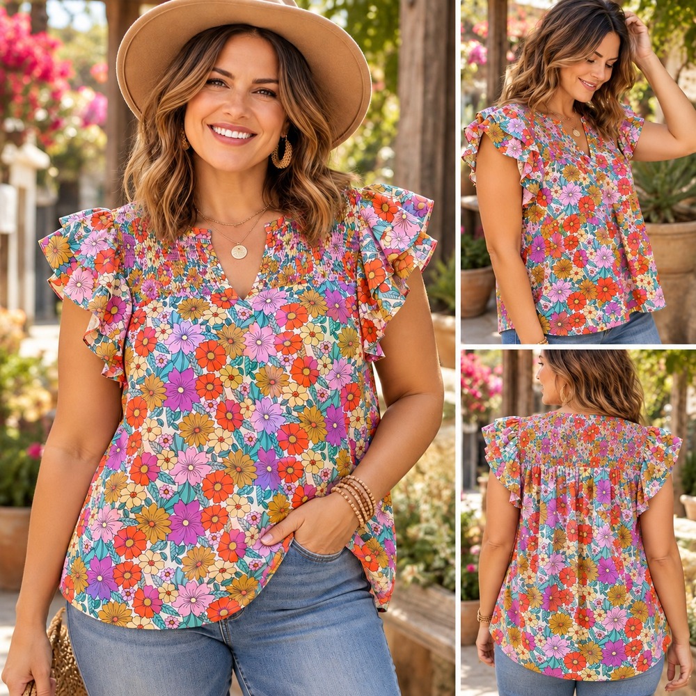 Umgee Smocked Yoke Ruffle Sleeve Blouse Women's Plus 1XL Purple Pink Boho Floral